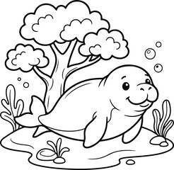 Obraz premium Cute cartoon manatee swimming underwater with sea plants and bubbles