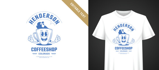 Naklejka premium Vivid blue retro coffee cup cartoon template for t-shirt, cheerful thumbs up gesture mascot, bold stacked typography, fully editable text for regional coffeeshop apparel