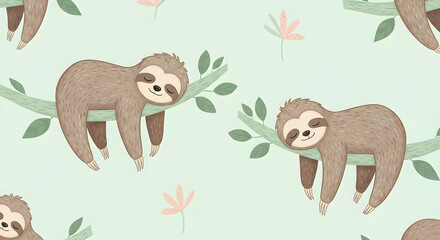 Naklejka premium Cute sleeping sloths on branches seamless pattern with green leaves and subtle flowers