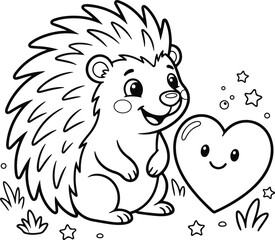 Naklejka premium Cute cartoon hedgehog with a happy heart character, coloring page for kids