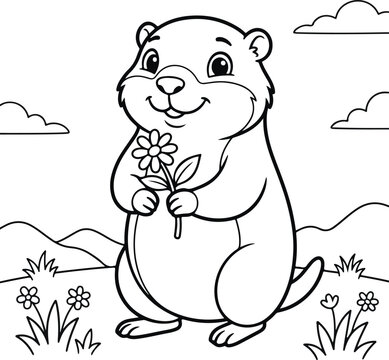 Cute cartoon groundhog holding a flower in a meadow, black and white coloring page for kids