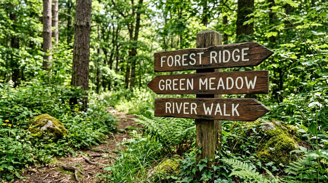 Wooden signpost in lush green forest, directing to Forest Ridge, Green Meadow, River Walk