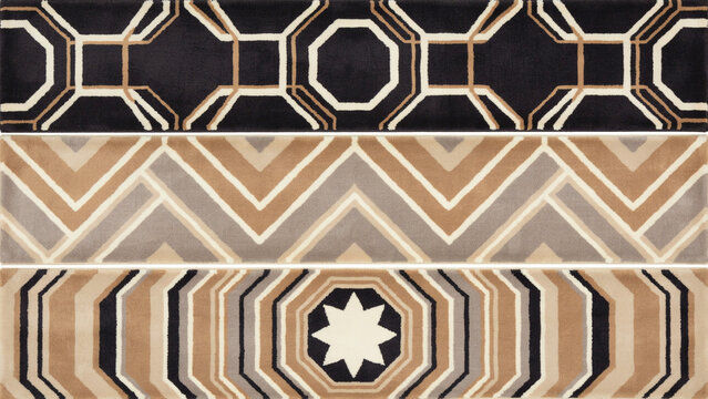 Three decorative wall tiles with geometric patterns in black, beige, gray, and white colors