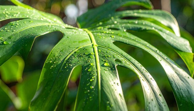 Macro of Fresh Monstera Leaf with Water Droplets