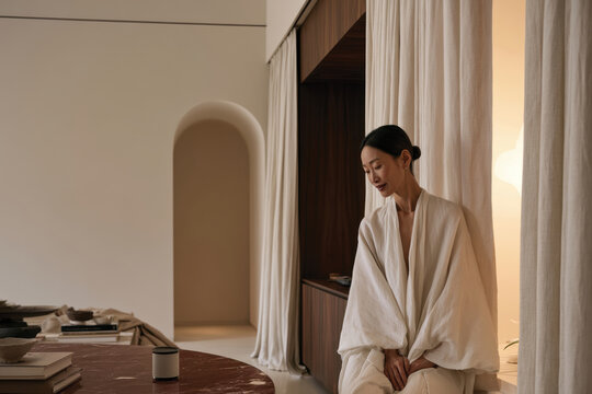 A contemplative woman dressed in soft white fabric sits peacefully, highlighting the serene elegance of minimalist design in a tranquil indoor environment, inviting introspection.