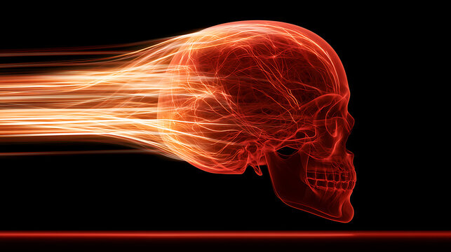 Abstract red skull graphic with motion blur and energy trails, symbolizing speed, power, and danger in a dark futuristic science fiction style