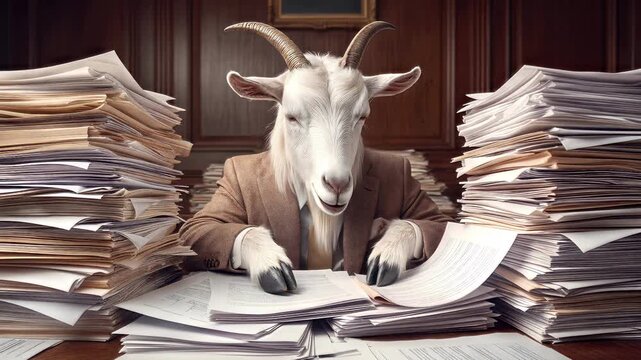 Surreal white goat wearing business suit overwhelmed by paperwork. Anthropomorphic animal office worker managing huge stacks of documents. Lockdown shot.
