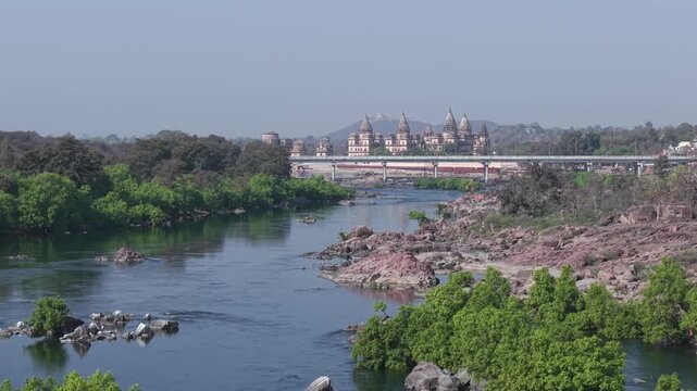 Aerial View of Orchha Chhatris and Betwa River at Madhya Pradesh
