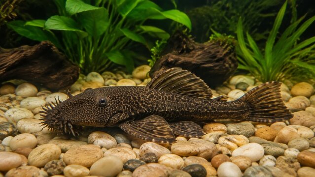 Freshwater tank algae eater &ndash; sucker fish near aquatic plants authentic detail authentic detail