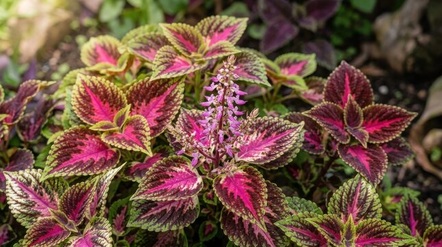Variegated coleus plant with delicate pink flower spike