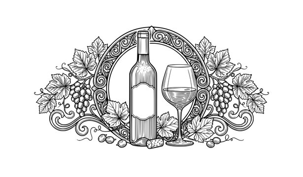 Decorative Wine Bottle Glass Grape Emblem Black White Vector Design