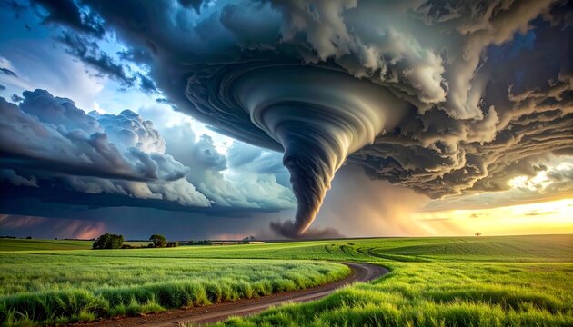 Massive Tornado Funnel Cloud Over Rural Green Fields at Sunset