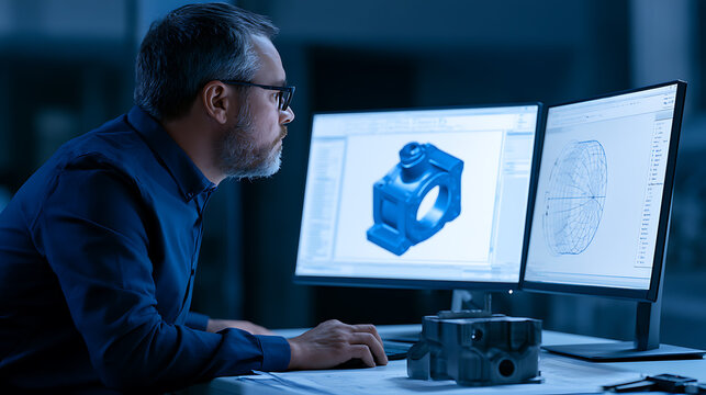 Professional engineer design industrial machine part using cad software on dual computer monitors in a modern development workshop studio lab