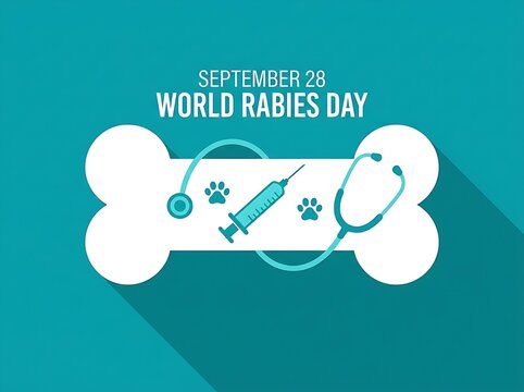 Commemorative World Rabies Day poster featuring veterinary syringe paw prints and bone icon on teal backdrop.