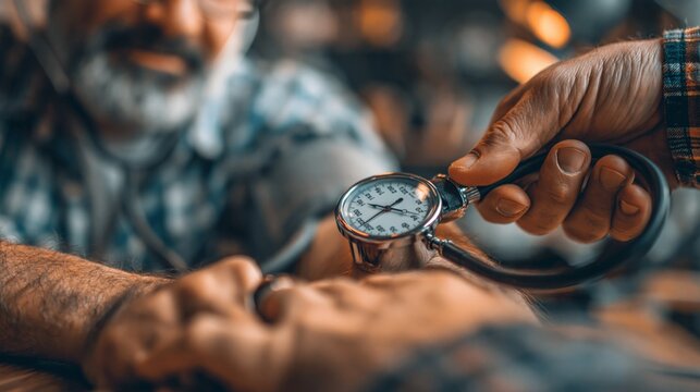 A close-up view of a hand holding a sphygmomanometer gauge while checking blood pressure on a patient's arm in the background.