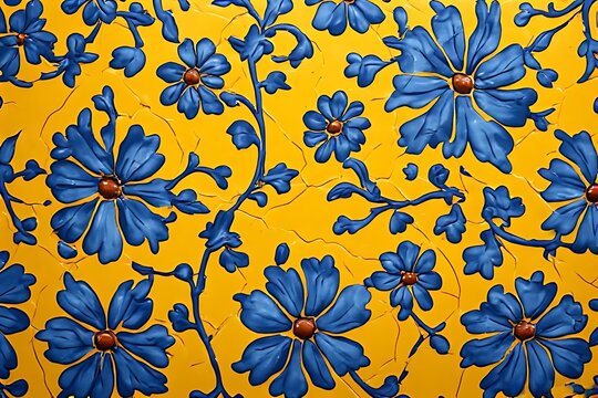 IA generated Mexican talavera tile texture in yellow blue. Authentic Puebla craft decorative surface with glossy craquelure glaze.
