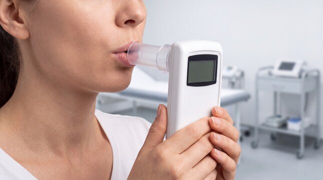 A woman holds a digital peak flow meter to her mouth, performing a lung function test in a ad social media download thambnail poster web template event festival 2026 2027 2028