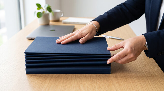 A person wearing a dark blue business suit places their hands on a large stack of dark blue ad social media download thambnail poster web template event festival 2026 2027 2028
