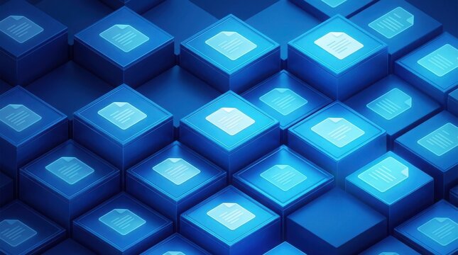 3D-rendered hexagonal grid with glowing document icons