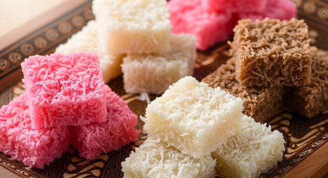 Assorted Cocada Coconut Candies Pink White and Brown on a Decorative Wooden Tray