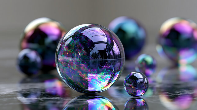close up of glossy glass balls with iridescent shine, abstract reflective background and holographic concept