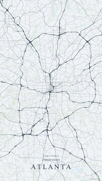 Detailed light blue and grey vector road map of Atlanta in Georgia, United States, highlighting the Interstate 285 perimeter loop, major highway interchanges, urban street networks
