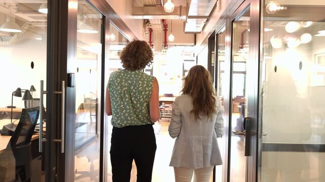 Rear view of two businesswomen colleagues walking together down a modern office hallway. Slow motion gimbal shot of their casual meeting