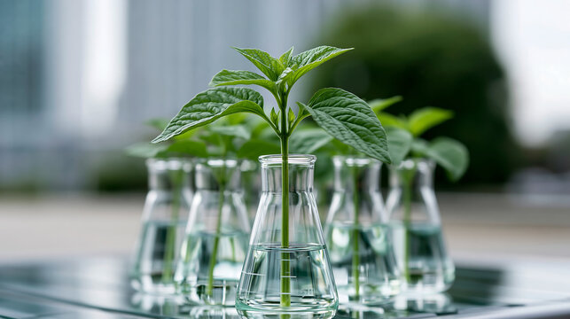 laboratory experiment showing plant seedlings sprouting in jars, botanical research and biotechnology concept