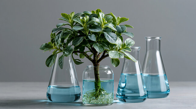 laboratory experiment showing plant seedlings sprouting in jars, botanical research and biotechnology concept