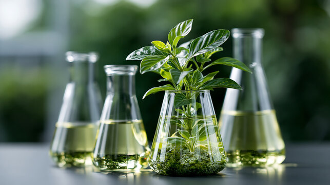 laboratory experiment showing plant seedlings sprouting in jars, botanical research and biotechnology concept