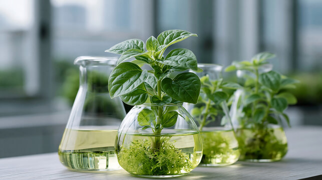 green plant seedlings growing in glass jars in laboratory, botanical science and agricultural research concept
