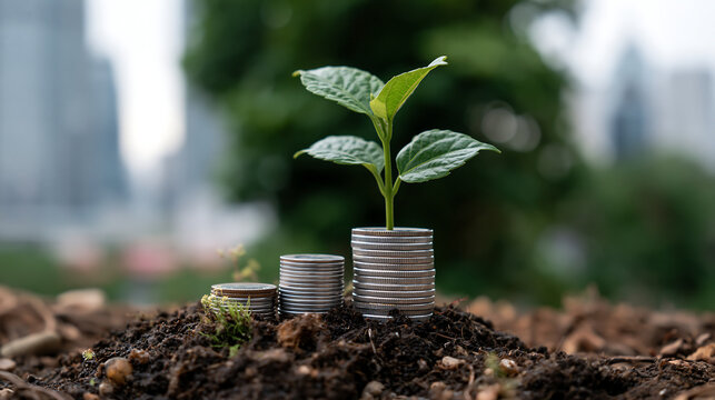 plant growing from jar of coins symbolizing financial growth, savings and investment concept