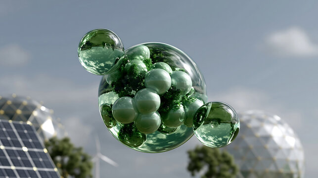 water droplet shaped figures with wind turbines and solar panels, renewable energy and sustainability concept