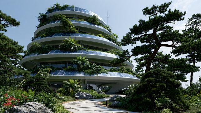 modern sustainable building featuring vertical garden terraces, eco architecture and green design concept