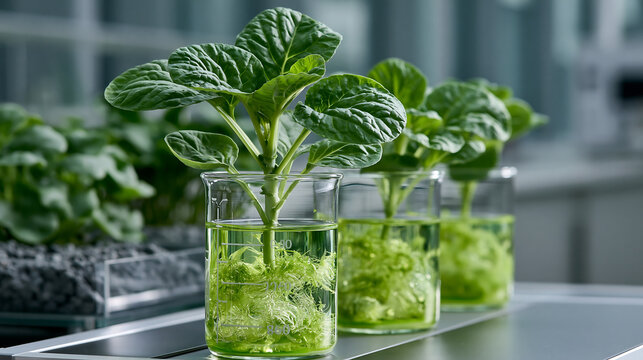 green plant seedlings growing in glass jars in laboratory, botanical science and agricultural research concept