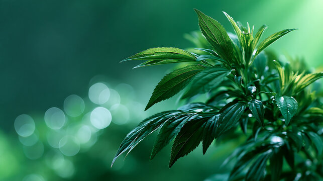 detailed macro shot of vibrant green plant leaves with dew, natural greenery and botanical closeup concept