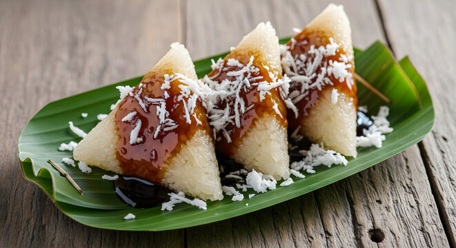 Sweet sticky rice dessert with coconut and palm sugar syrup on banana leaf