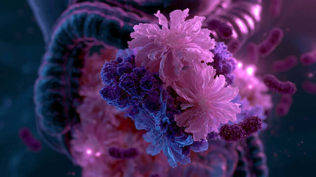 pink and purple bacteria cells glowing in microscopic view, medical research and microbiology science concept