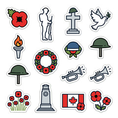 Naklejka premium Remembrance day vector illustration pack containing poppies, soldiers, military helmets, peace doves, and commemorative monuments in a clean graphic style.