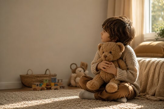 Child Hugging Teddy Bear by Sunlit Bedroom Window