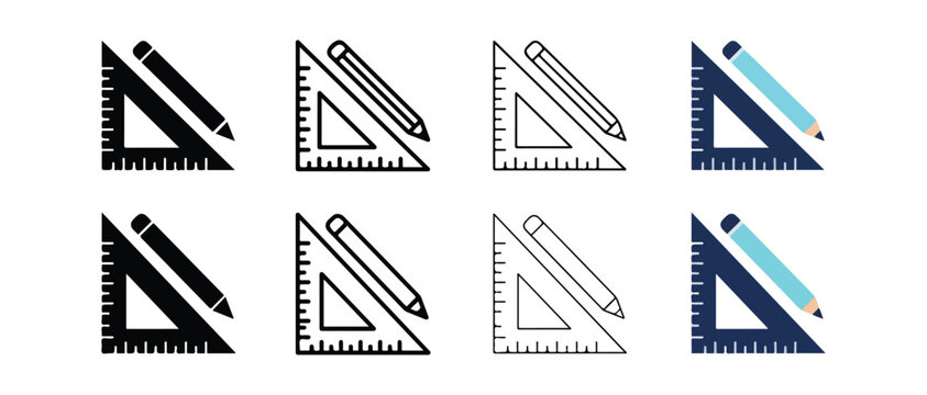 geometric triangle rulers with pencils and protractor tools in various color schemes isolated design