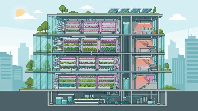 Vertical indoor farm with stacked crops, hydroponic systems, LED lighting, and water circulation, flat vector illustration representing urban agriculture, food technology, and sustainable production.