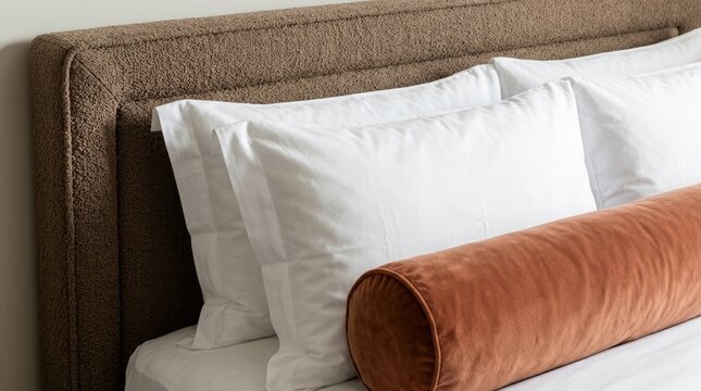 Close up of a luxury bedroom headboard in brown boucle fabric with crisp white pillows and a terracotta velvet bolster cushion - hotel bedding detail
