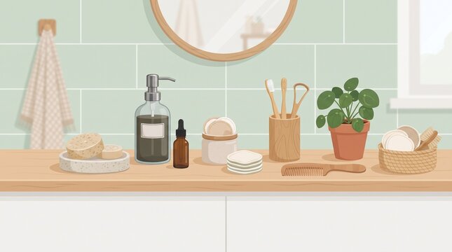 Zero waste bathroom essentials with refill bottles, bamboo accessories, soap bars, and reusable items, flat vector illustration for sustainable personal care and plastic reduction.