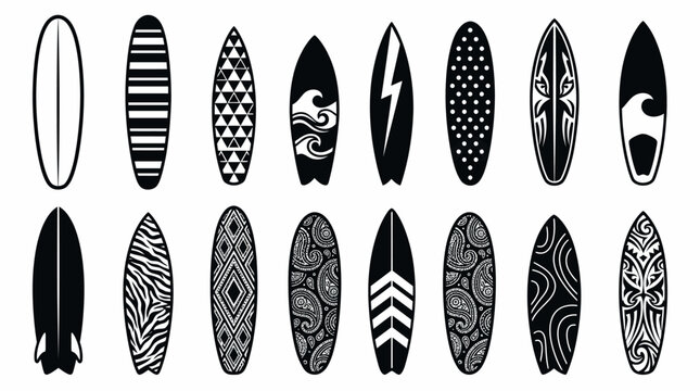 Surfboard Designs Icons Set Black White Stripes Geometric Waves Lightning Tribal Abstract Patterns Silhouette Graphic Surf Art Collection