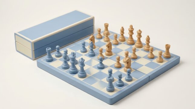 Elegant travel chess set with blue and cream wooden pieces on a folding board next to its storage box - portable strategy board game