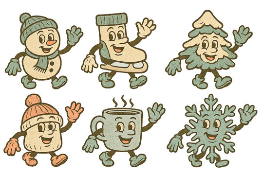 Vintage winter mascot personages in holiday theme set AI generated. Isolated on transparent background