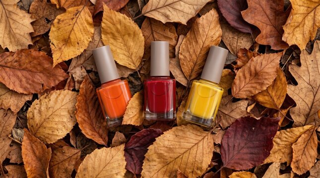 Orange, red and yellow nail polish bottles arranged on colorful fallen autumn leaves, creating a vibrant seasonal beauty composition for manicure and cosmetic concepts