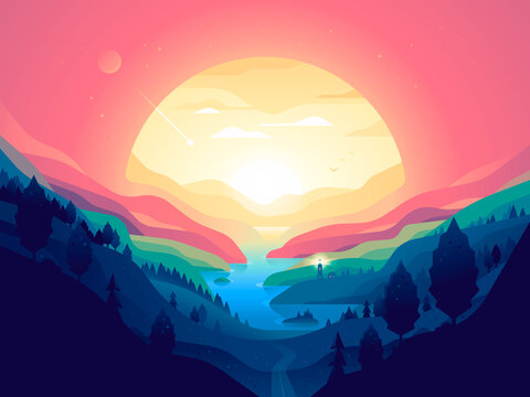 Flat design colorful mountain landscape vector with giant glowing sun and forest valley