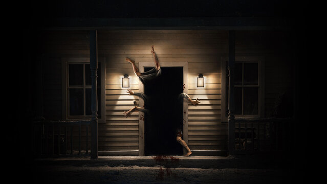Spooky horror concept art of a person falling backwards outside house doorway at night